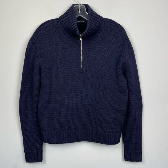 BRUNO MANETTI Merino Wool Boxy Quarter Zip Sweater Made In Italy Navy Blue M - Picture 10 of 16